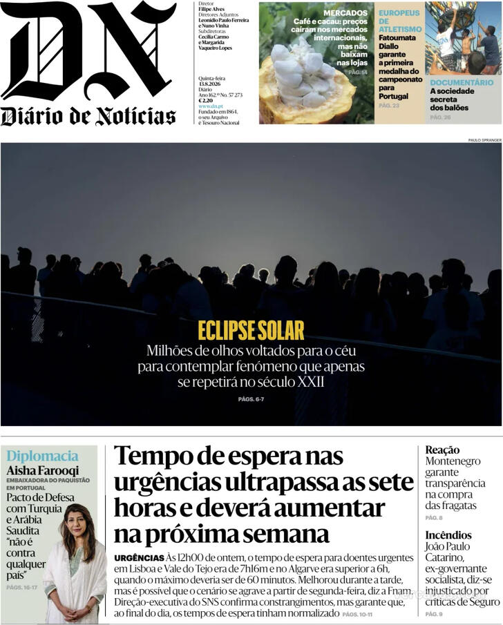 Capa Di�rio de Not�cias - 2026-08-13