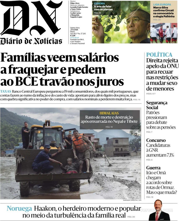 Capa do jornal Diário de Notícias