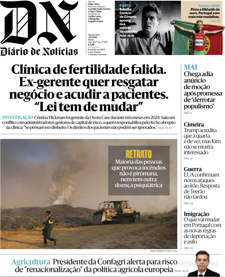 Capa do jornal Diário de Notícias