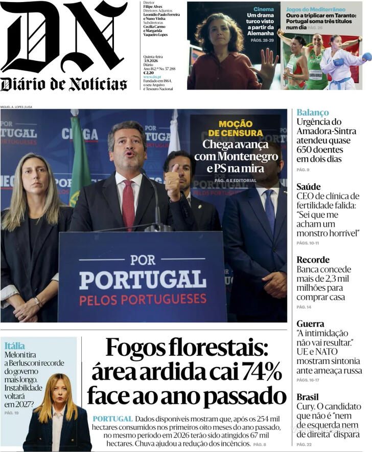 Capa do jornal Diário de Notícias