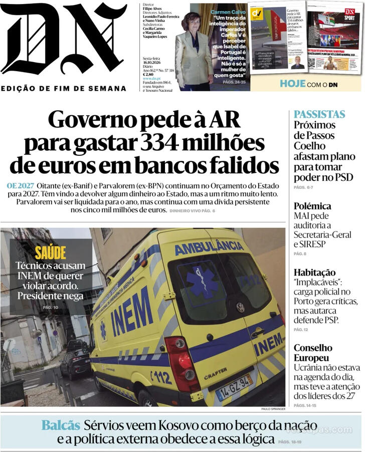 Capa do jornal Diário de Notícias