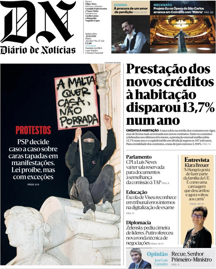 Capa Di�rio de Not�cias - 2026-10-22