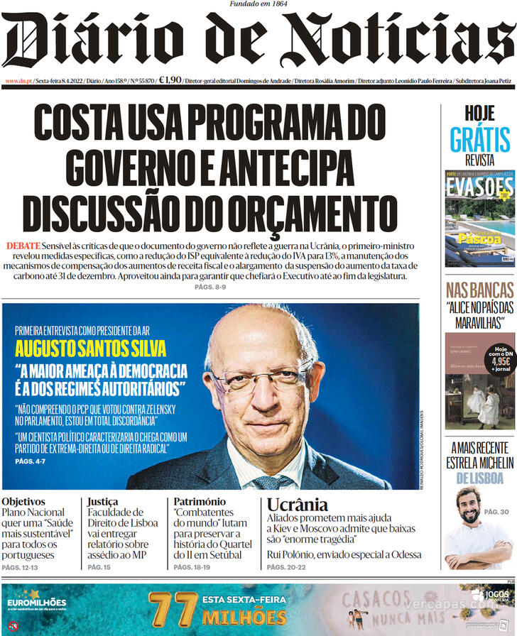 Capa Dirio de Notcias - 2022-04-08