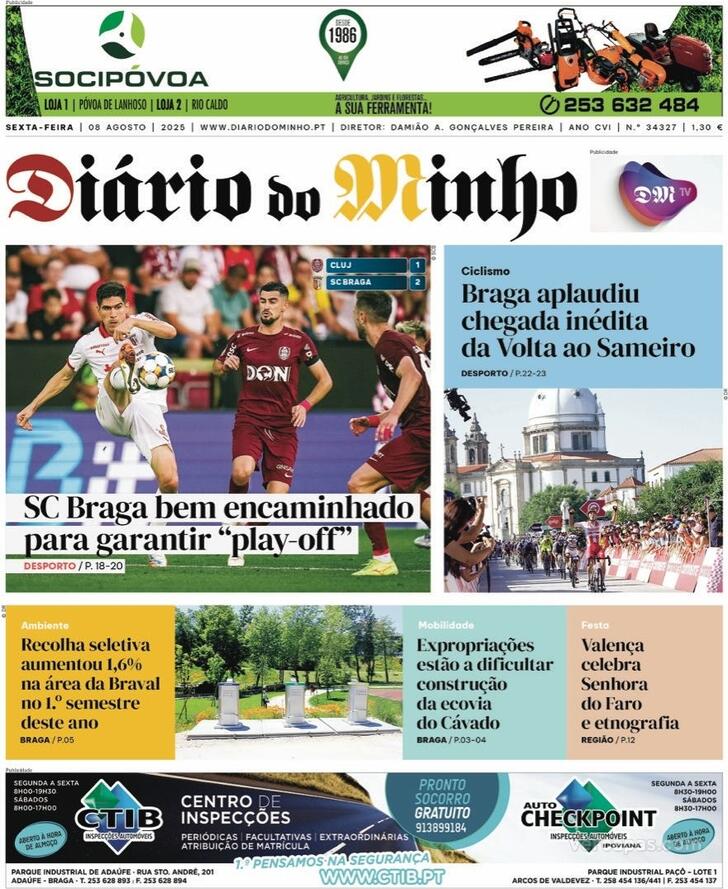 Capa Dirio do Minho - 2025-08-08