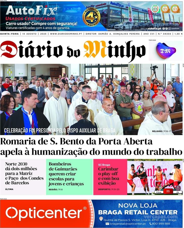 Capa Dirio do Minho - 2025-08-14
