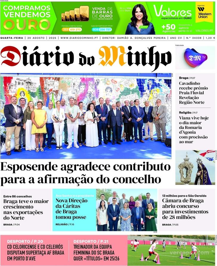 Capa Dirio do Minho - 2025-08-20