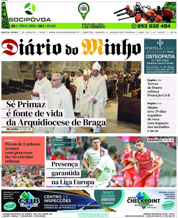 Capa Dirio do Minho - 2025-08-29