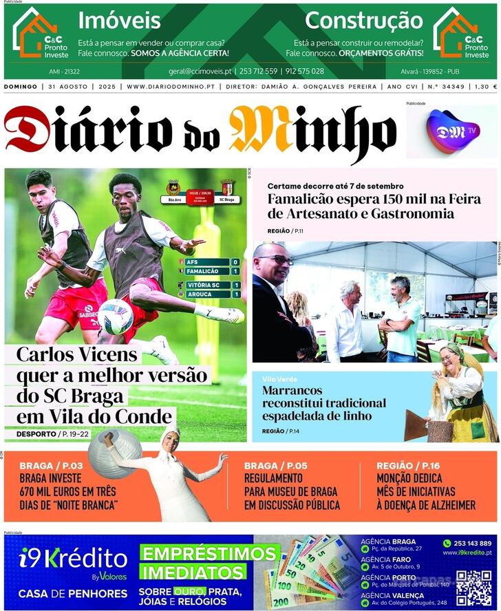 Capa Dirio do Minho - 2025-08-31