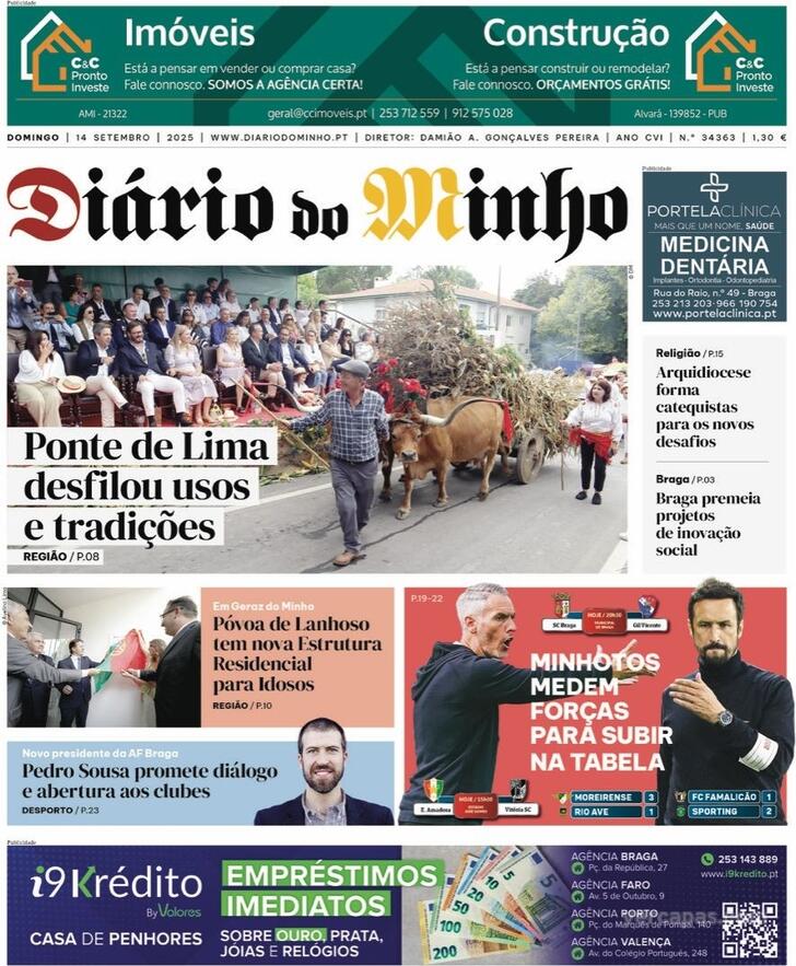 Capa Dirio do Minho - 2025-09-14