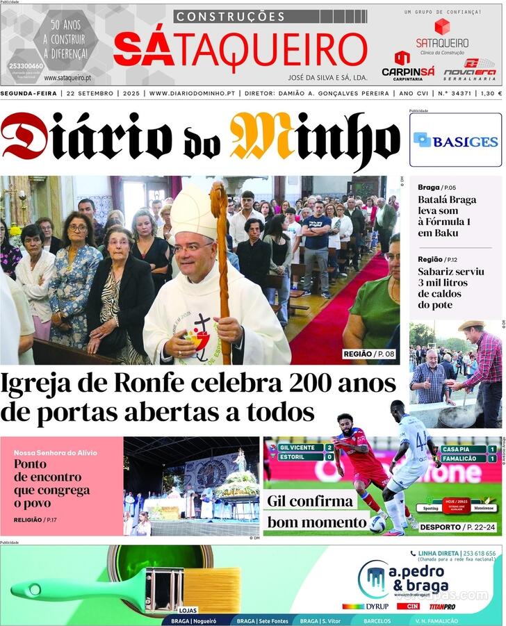 Capa Dirio do Minho - 2025-09-22