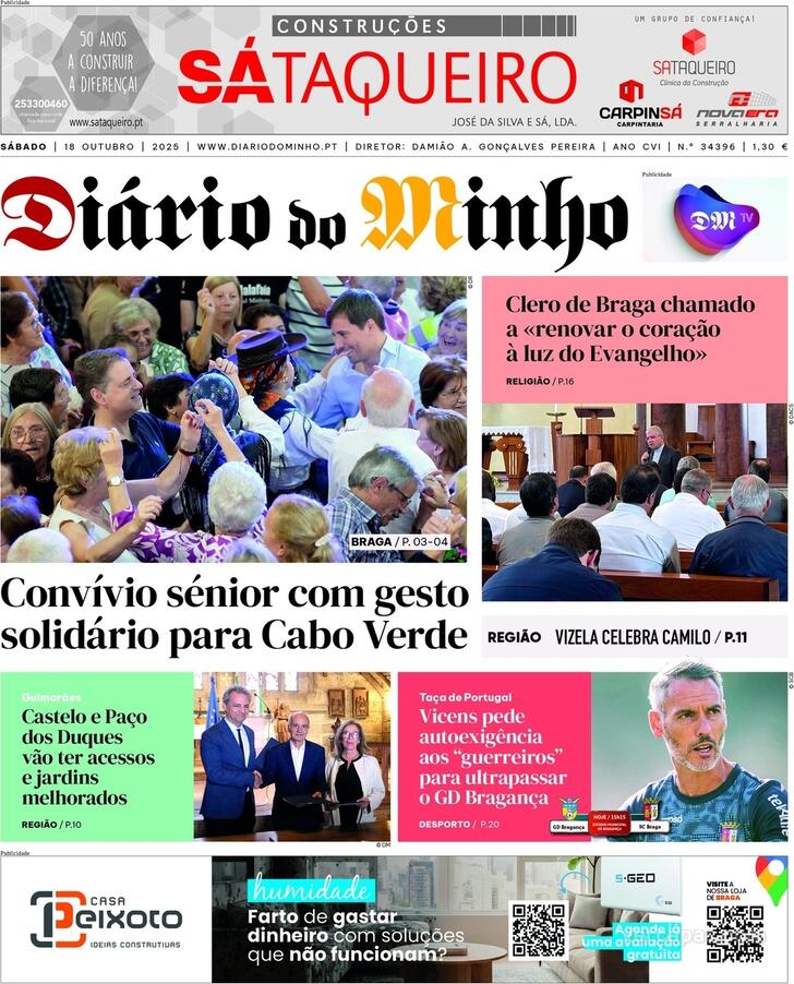 Capa Dirio do Minho - 2025-10-18