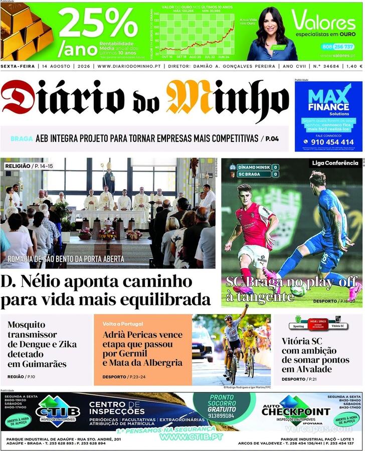 Capa Di�rio do Minho - 2026-08-14