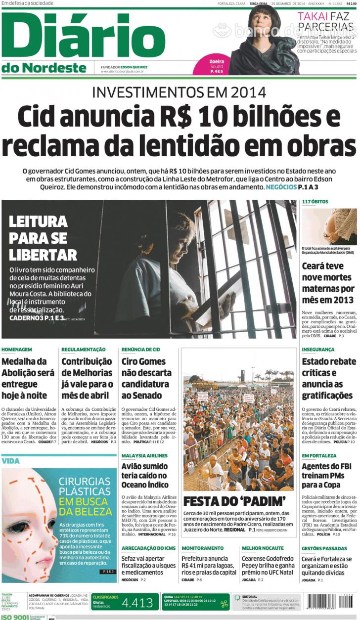 Capa Dirio do Nordeste - 2014-03-25