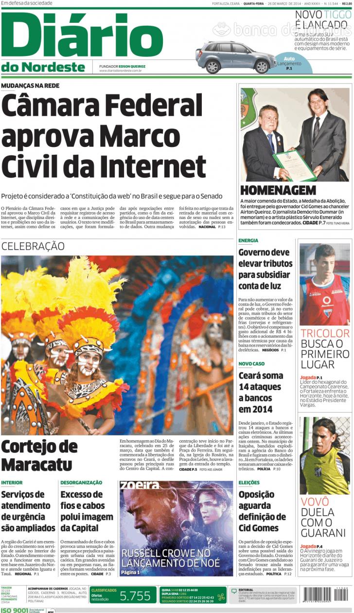 Capa Dirio do Nordeste - 2014-03-26