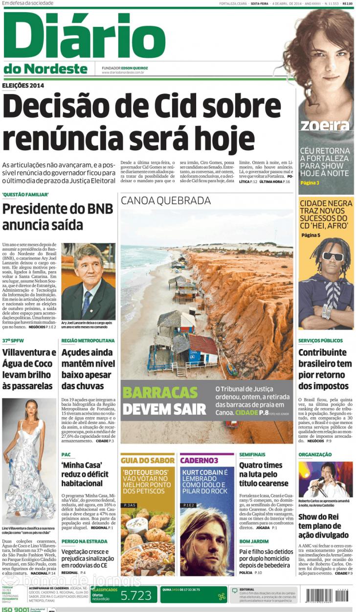 Capa Dirio do Nordeste - 2014-04-04