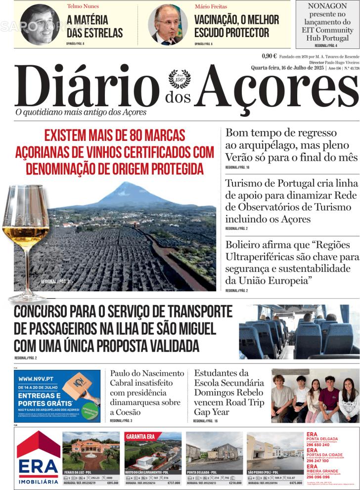 Capa Dirio dos Aores - 2025-07-16