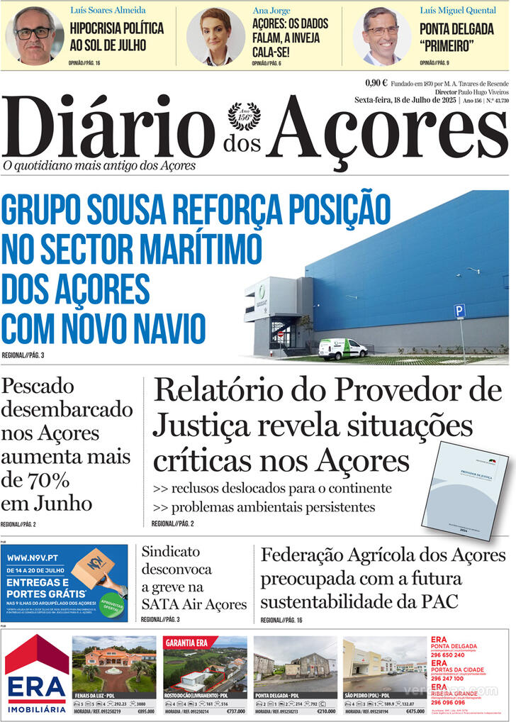 Capa Dirio dos Aores - 2025-07-18