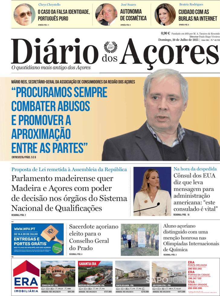 Capa Dirio dos Aores - 2025-07-20