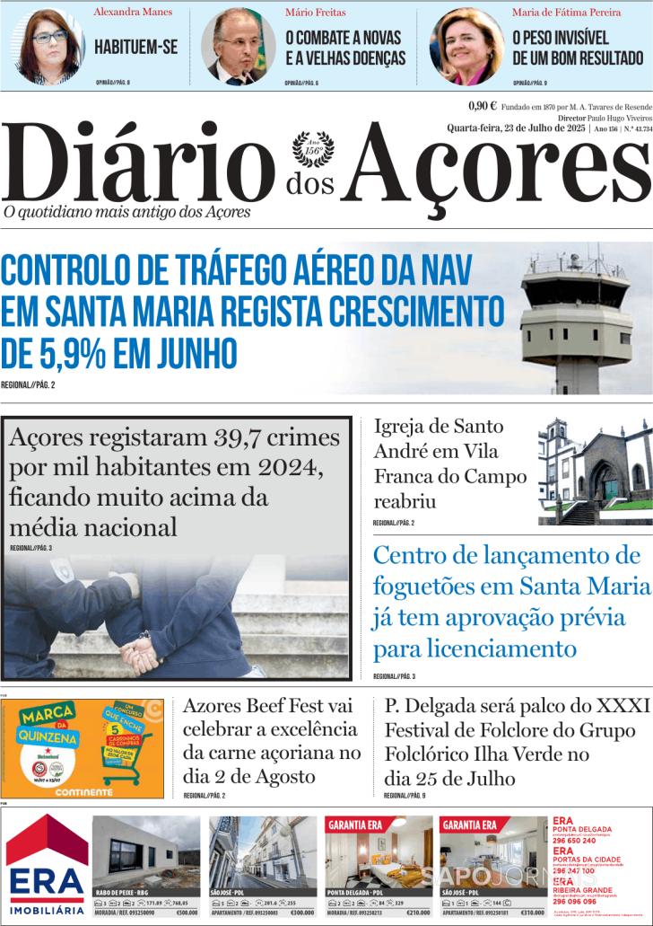 Capa Dirio dos Aores - 2025-07-23