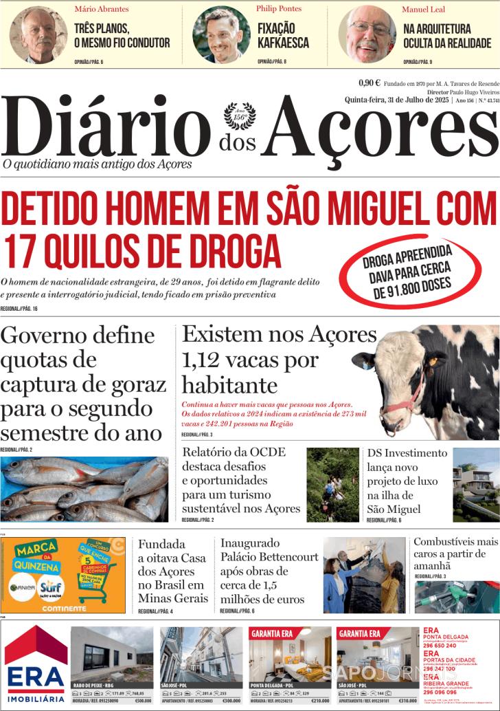 Capa Dirio dos Aores - 2025-07-31