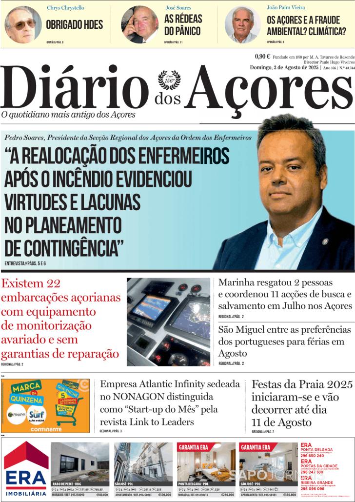 Capa Dirio dos Aores - 2025-08-03