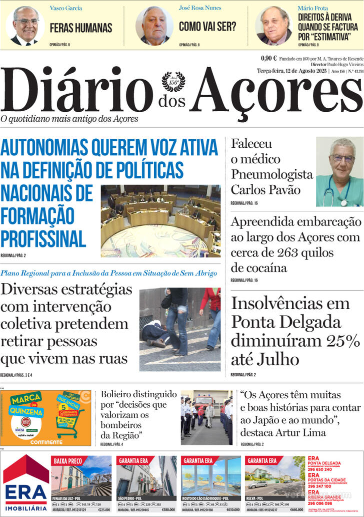 Capa Dirio dos Aores - 2025-08-12