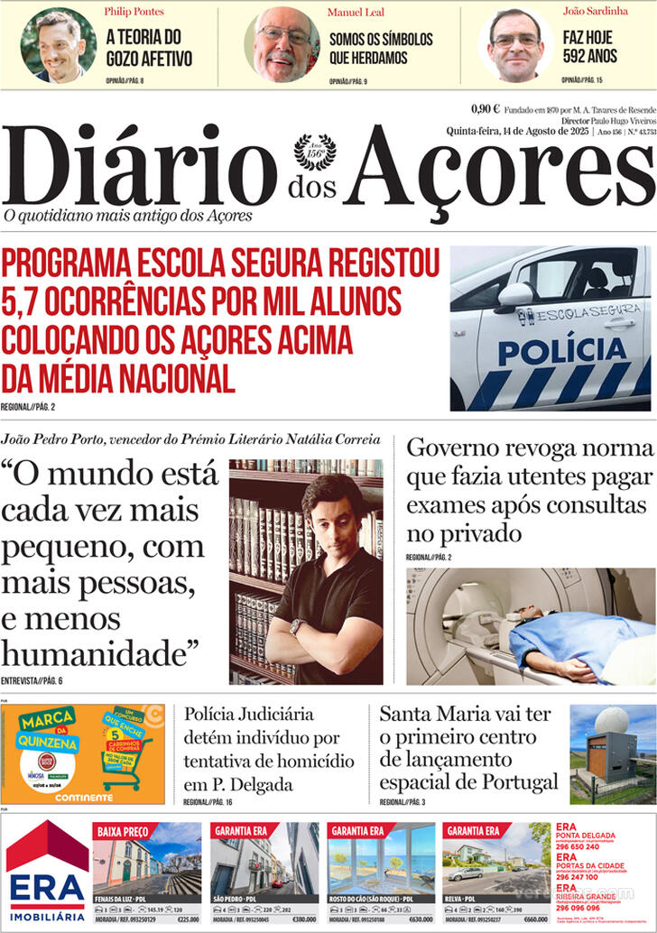 Capa Dirio dos Aores - 2025-08-14