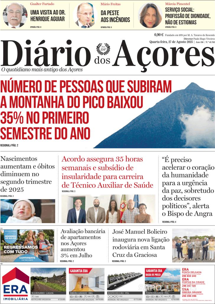 Capa Dirio dos Aores - 2025-08-27