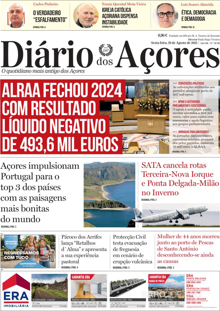 Capa Dirio dos Aores - 2025-08-29