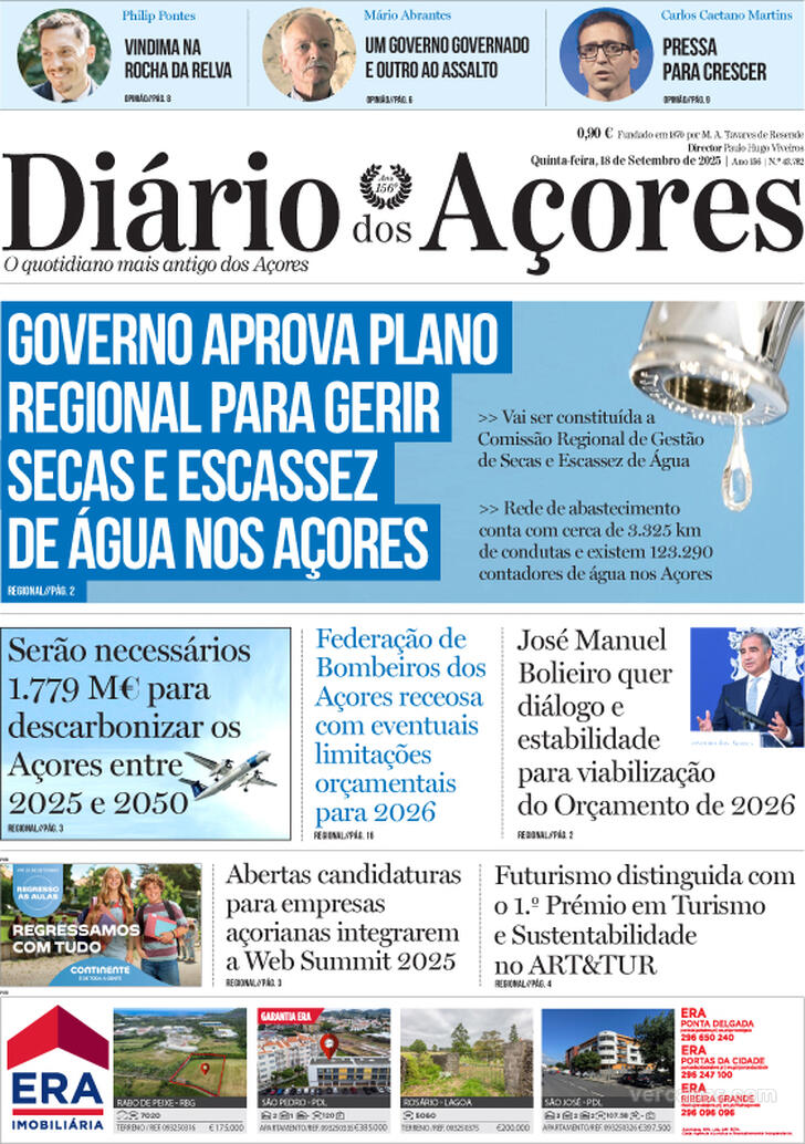Capa Dirio dos Aores - 2025-09-18