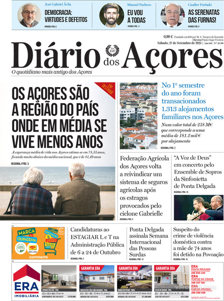 Capa Dirio dos Aores - 2025-09-27