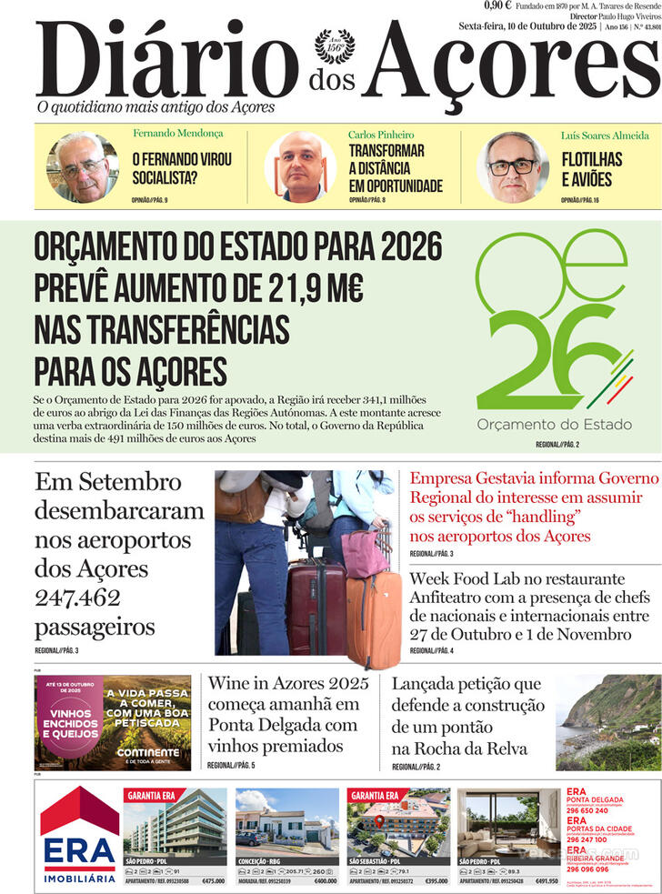 Capa Di�rio dos A�ores - 2025-10-10