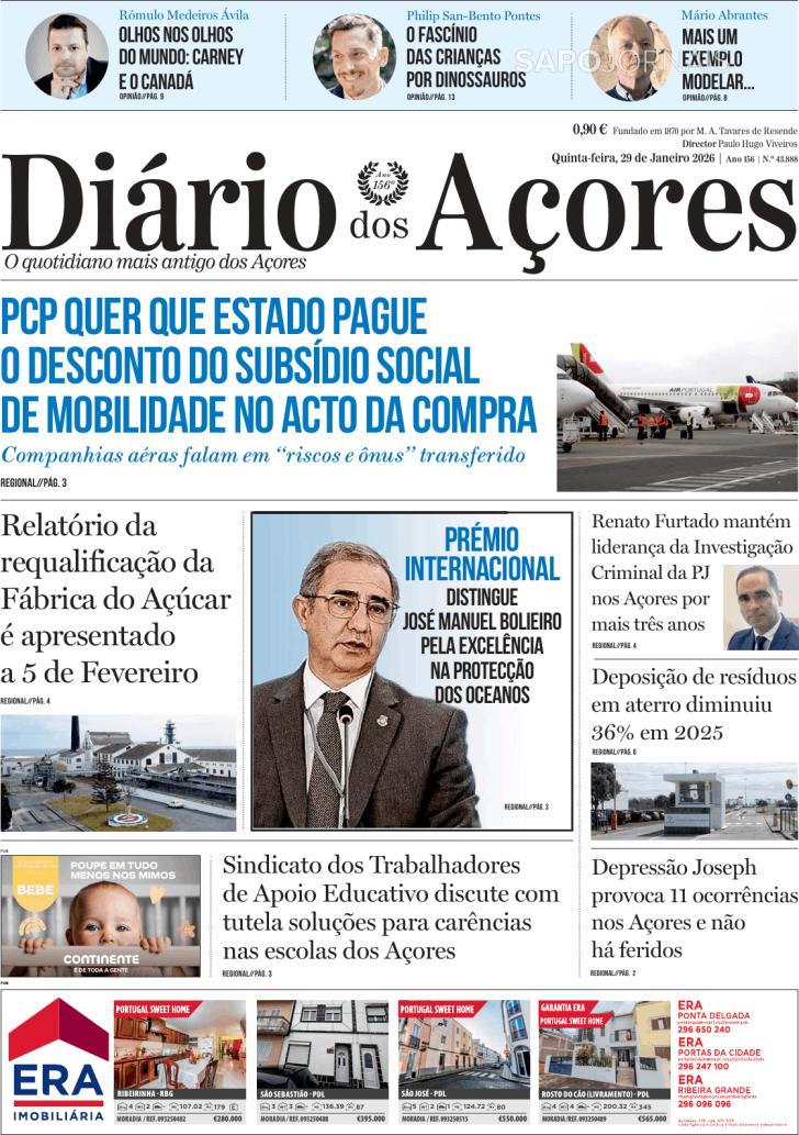Capa Di�rio dos A�ores - 2026-01-29
