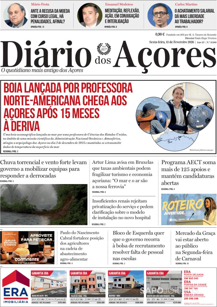 Capa Di�rio dos A�ores - 2026-02-13