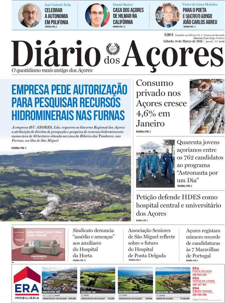 Capa Di�rio dos A�ores - 2026-03-14