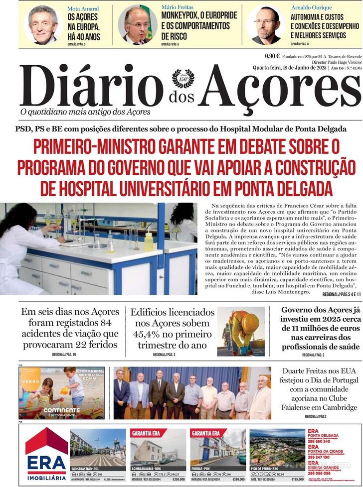 Capa Dirio dos Aores - 2025-06-18