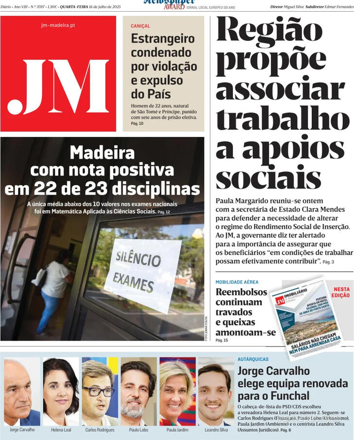Capa Jornal da Madeira - 2025-07-16