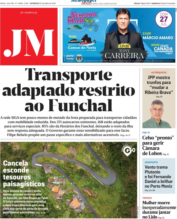 Capa Jornal da Madeira - 2025-07-27