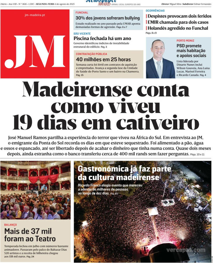 Capa Jornal da Madeira - 2025-08-04
