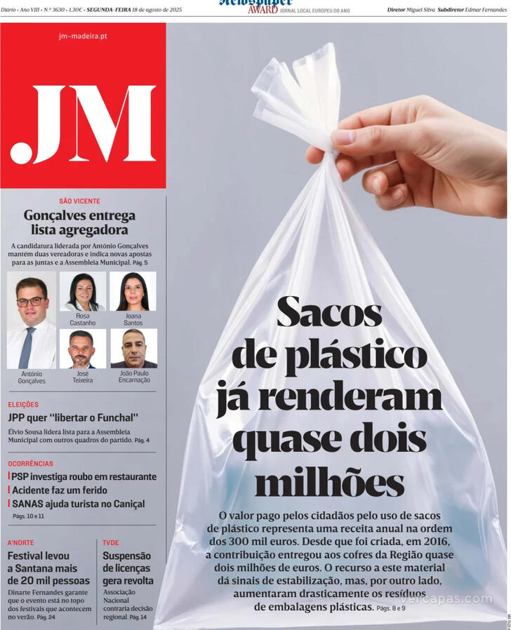 Capa Jornal da Madeira - 2025-08-18