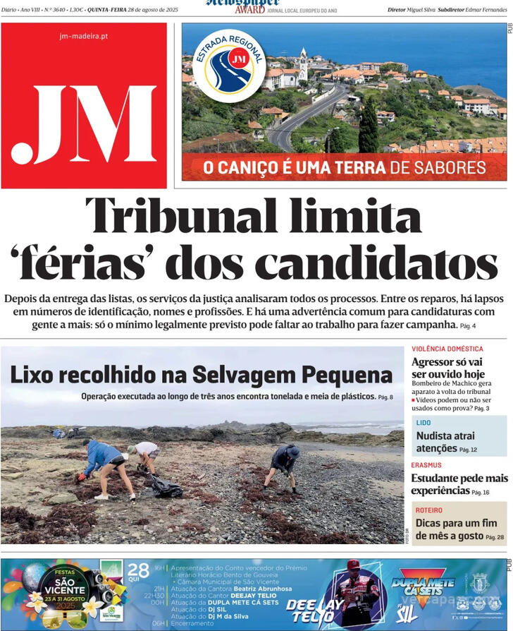 Capa Jornal da Madeira - 2025-08-28