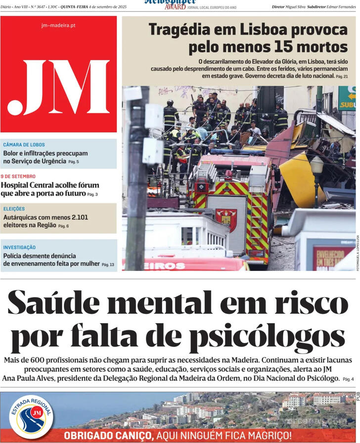 Capa Jornal da Madeira - 2025-09-04