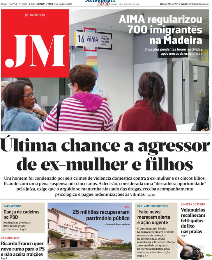 Capa Jornal da Madeira - 2025-10-15