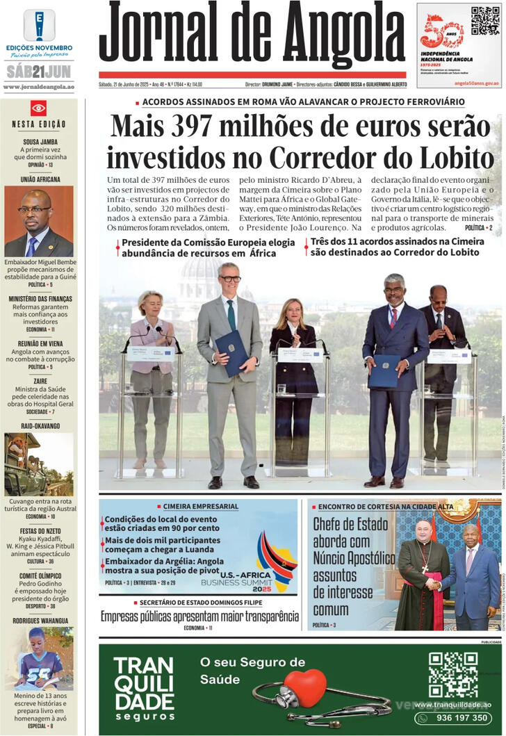 Capa Jornal de Angola - 2025-06-21