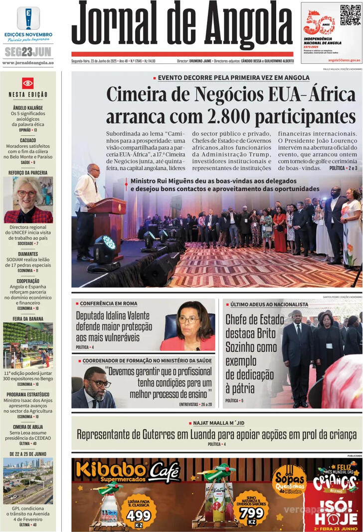 Capa Jornal de Angola - 2025-06-23