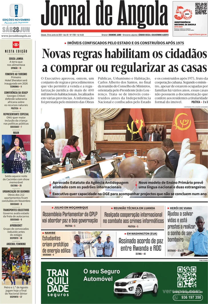 Capa Jornal de Angola - 2025-06-28