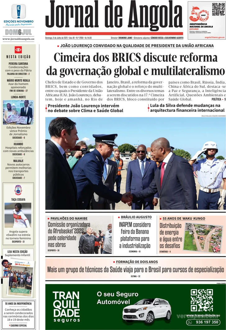 Capa Jornal de Angola - 2025-07-06