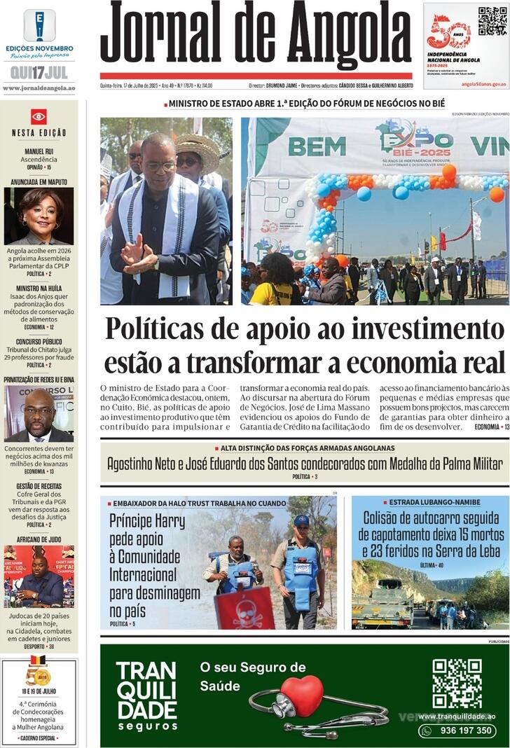 Capa Jornal de Angola - 2025-07-17