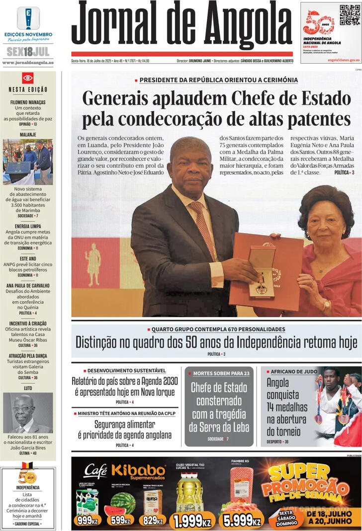 Capa Jornal de Angola - 2025-07-18