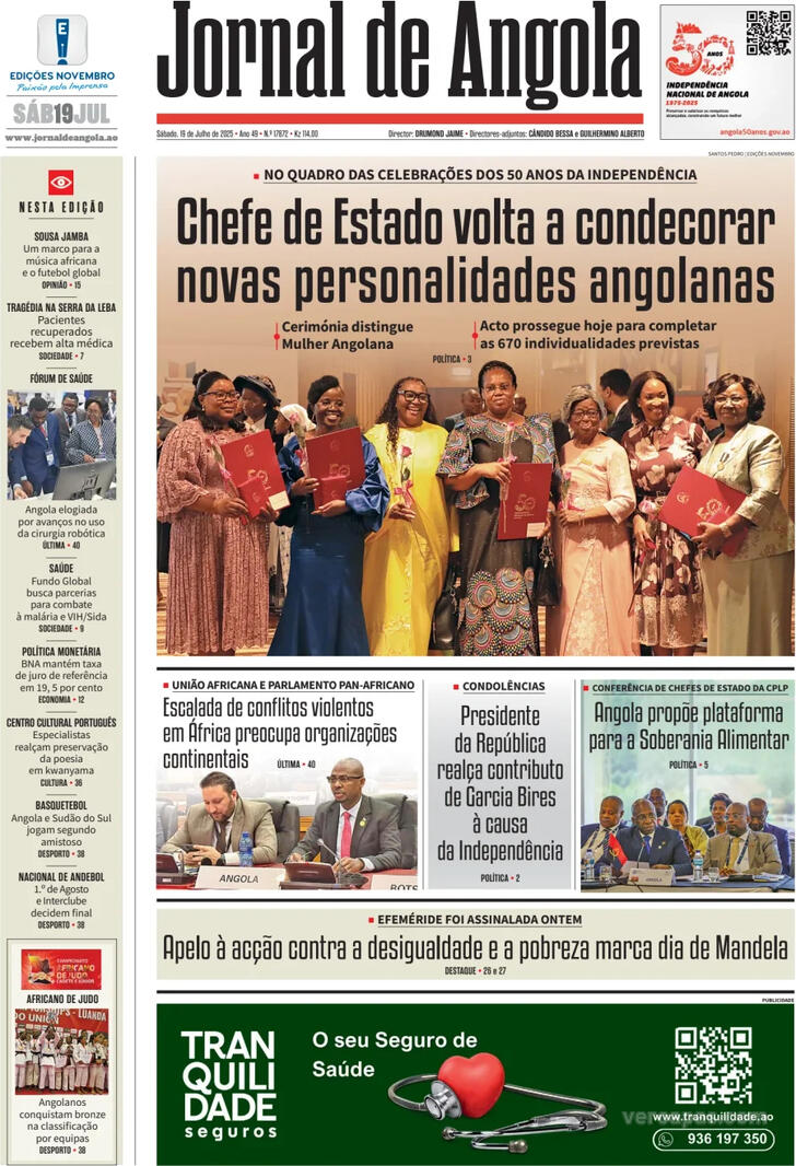 Capa Jornal de Angola - 2025-07-19